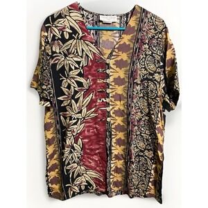 VTG Batik Short Sleeve Shirt Women Large Costal Floral Hawaiian Casual Corner